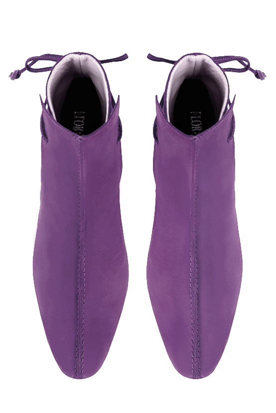 Amethyst purple women's ankle boots with laces at the back. Round toe. Low block heels. Top view - Florence KOOIJMAN